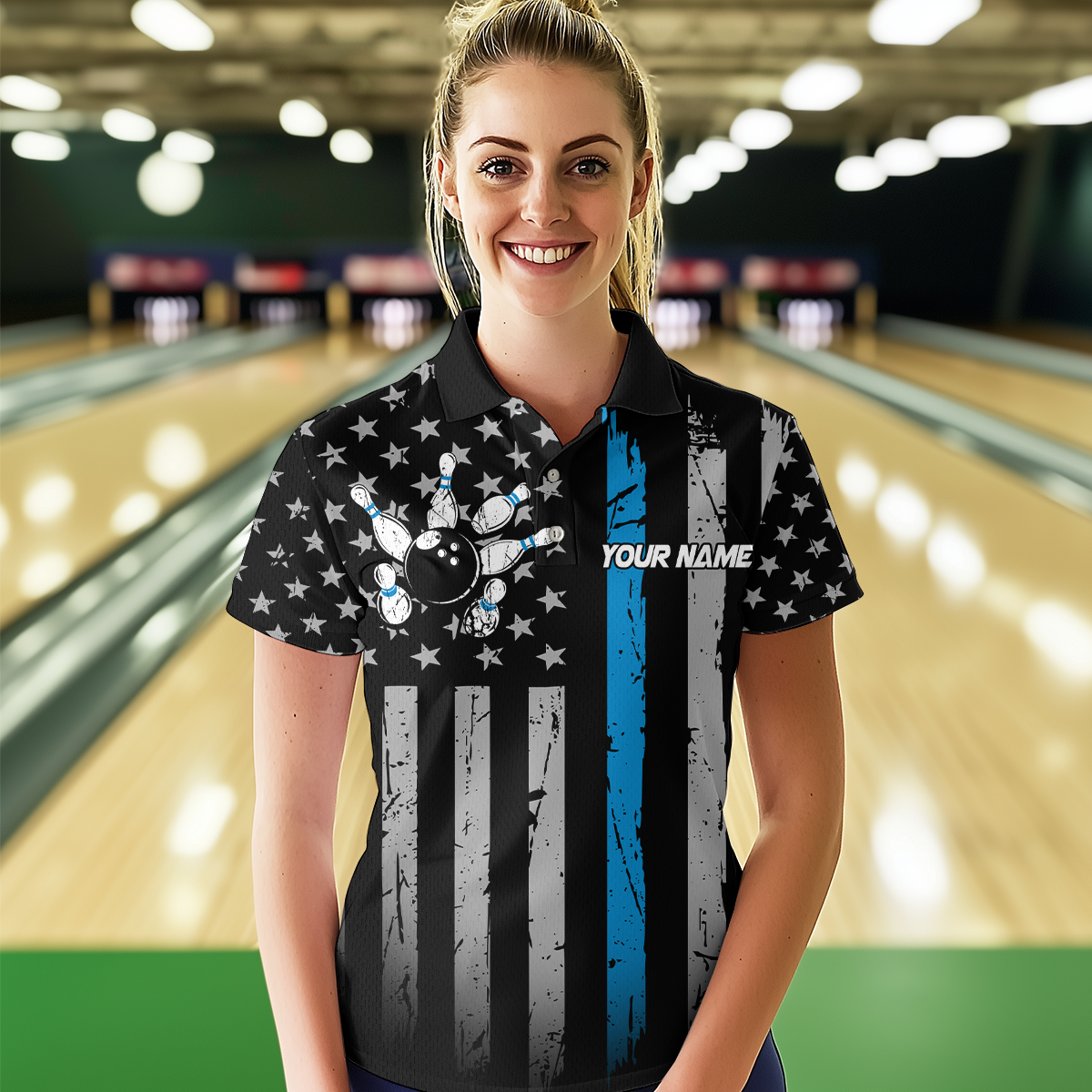 US Blue Flag Bowling Shirt for Women Custom Name Polo & Quarter-Zip Bowling Jersey Bowling Team Shirt HNT23