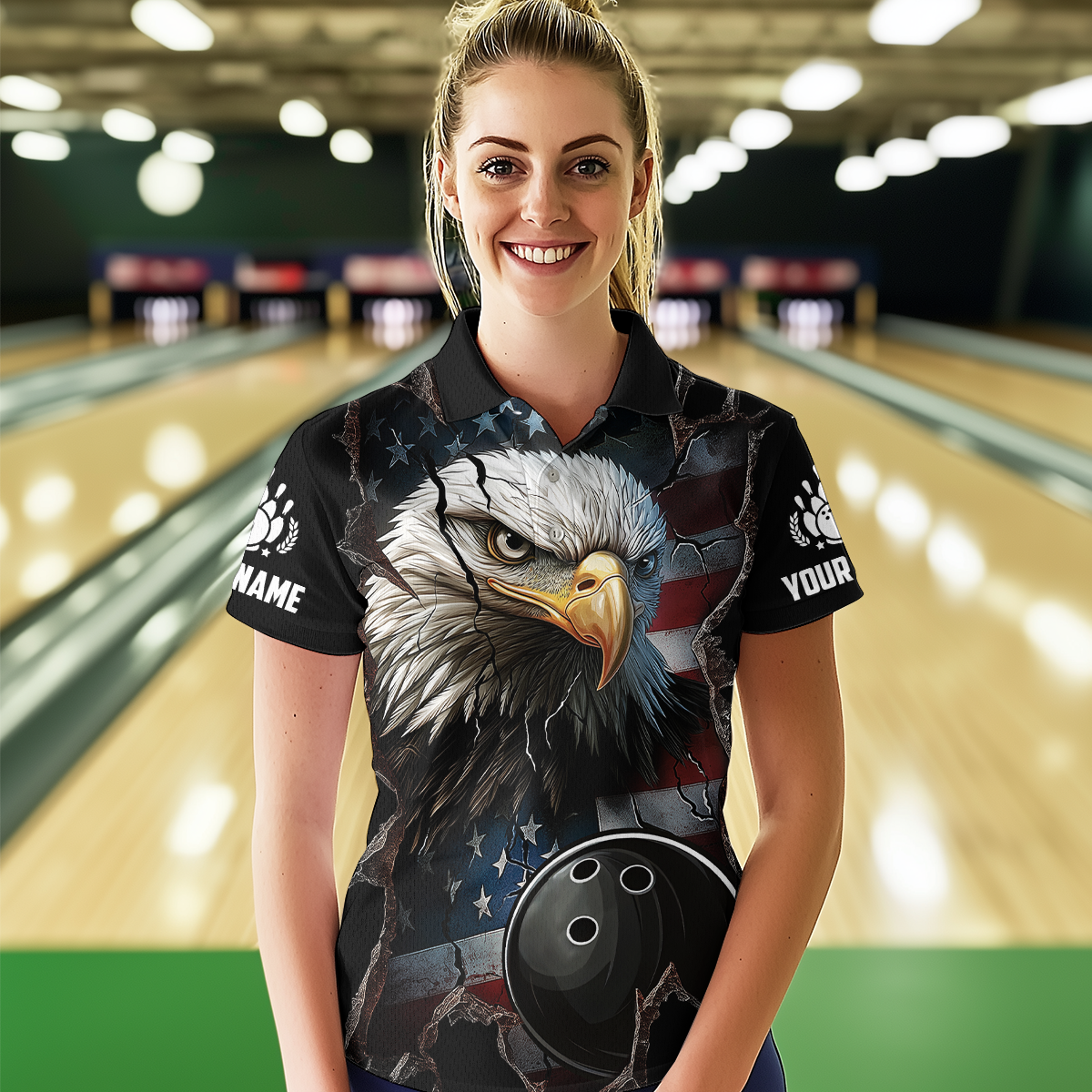 US Flag Eagle Bowling Shirt for Women Personalized Polo & Quarter-Zip Team Bowling Jersey with Team HNT02
