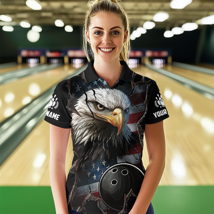 US Flag Eagle Bowling Shirt for Women Personalized Polo & Quarter-Zip Team Bowling Jersey with Team HNT02