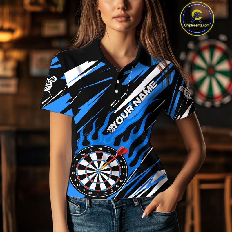 Blue Dartboard Flame Custom Dart Shirts For Women, Darts Team Jerseys Polo & Quarter Zip Shirts TDM4004