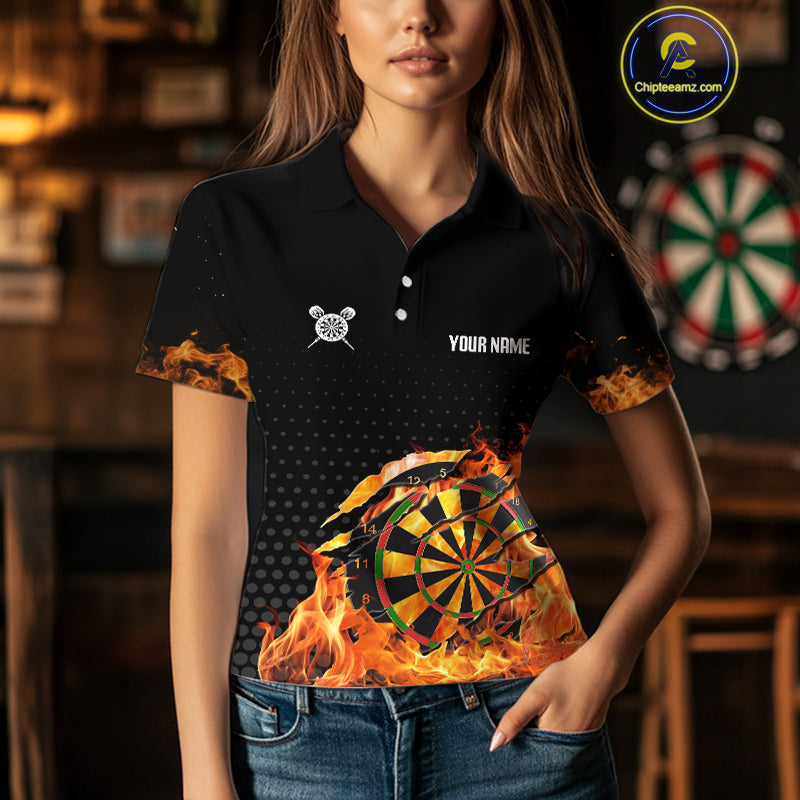 Women's Custom Darts Shirt With Cracked Flame Dartboard And Halftone Pattern NYN0270