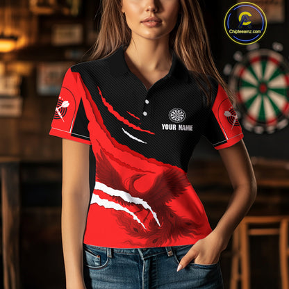 Custom Dart Team Shirt For Women With Crimson Phoenix On Black Linear Pattern NYN0277