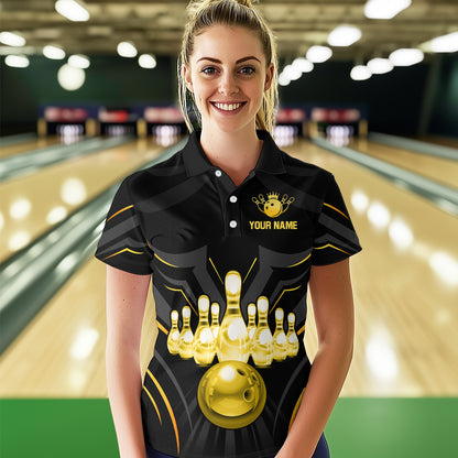 Black and Gold Custom Name Bowling Jerseys For Women Bowling Team Shirts Bowling Pin And Ball HNT26