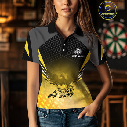 Women’s Darts Shirt With Phoenix And Yellow Halftone Pattern, Custom Name Option NYN0303