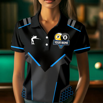 Personalized 8 Ball & 9 Ball Pool Billiard Polo, 1/4 Zip For Women Custom Team Billiard Jerseys |Blue TDM3547