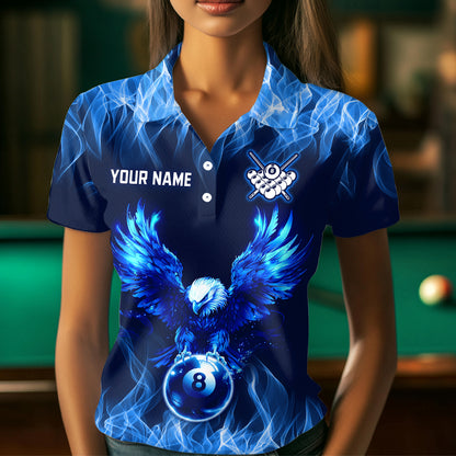 Personalized Blue Eagle Flaming 8 Ball Pool Bliiard Polo & 1/4 Zip, Billiard Shirt for Women Team NNT36