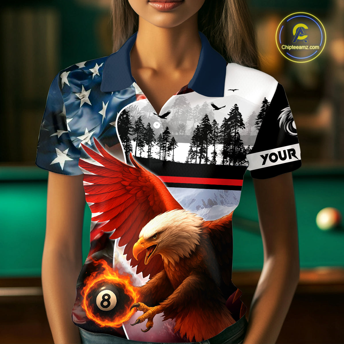 Custom American Flag Eagle 8 Ball Pool Vintage Billiard Shirts For Women, Patriotic Billiard Jerseys TDM3990
