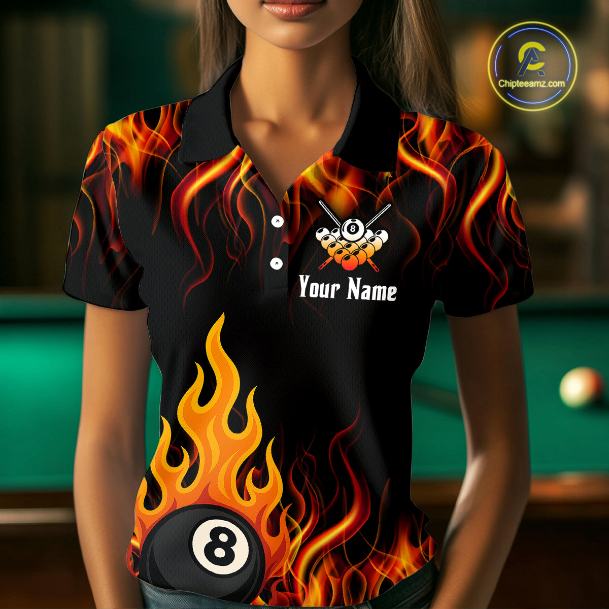Orange 8 Ball Flame Fire Billiard Shirts For Women Custom Polo & 1/4 Zip Billiard Team Jerseys TDM4012