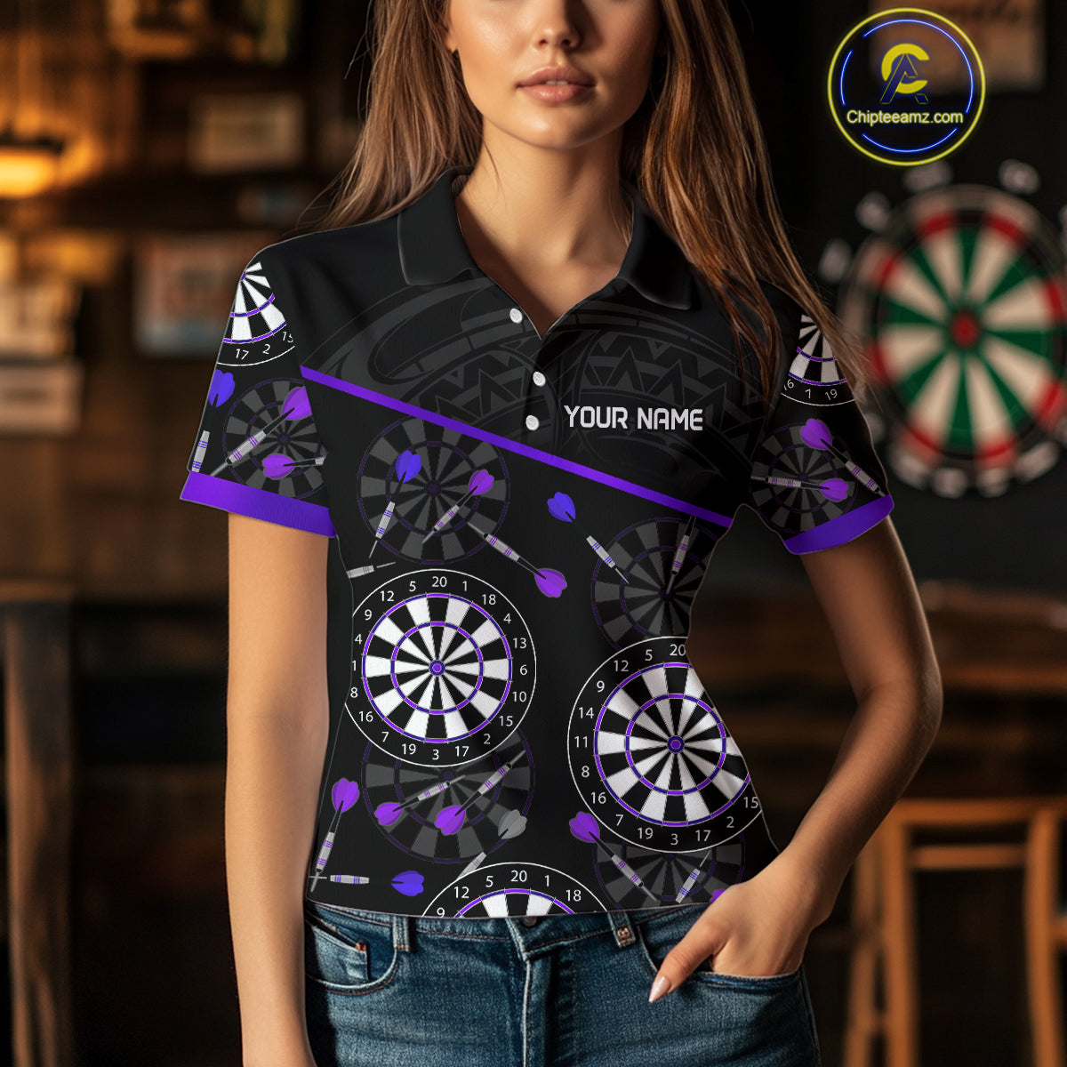 Women's Custom Darts Shirt With Purple-Black Dartboard And Arrows Pattern NYN0264