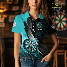 Load image into Gallery viewer, Personalized Strike Black &amp; Turquoise Flaming Dragon Dart Shirts For Women Custom Dart Team Jersey TDM4300