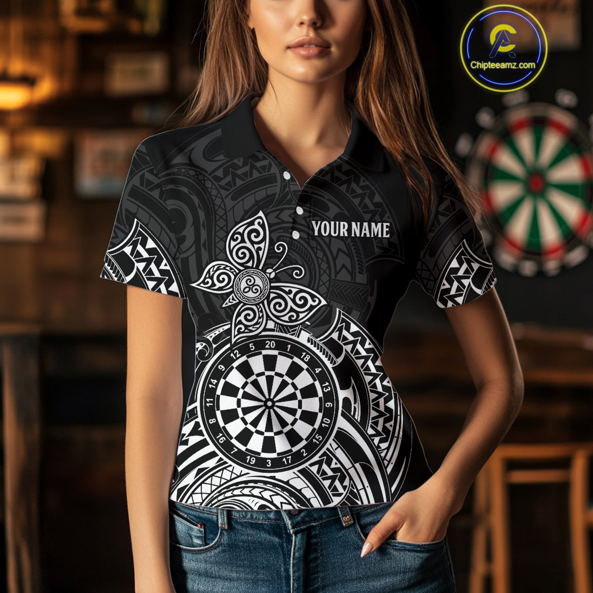 Custom White Black Tribal Dartboard Butterfly Darts Shirts For Women, Darts Team Jerseys Outfit TDM3988