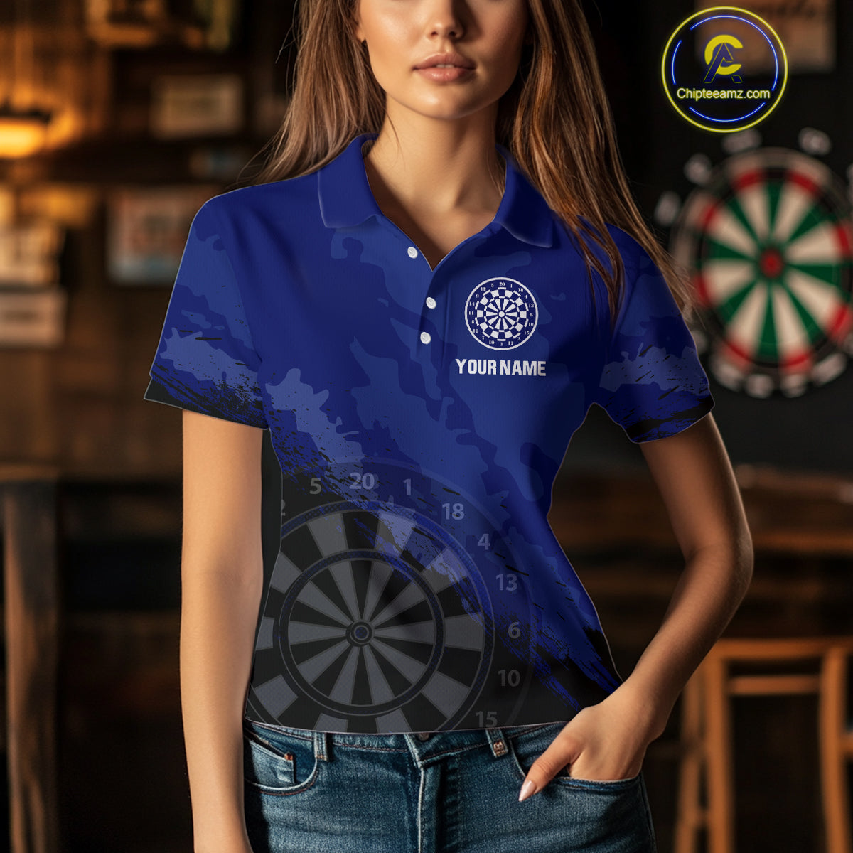 Women’s Custom Darts Team Shirt With Navy Pattern & Black Dartboard, Darts Jersey NYN0319