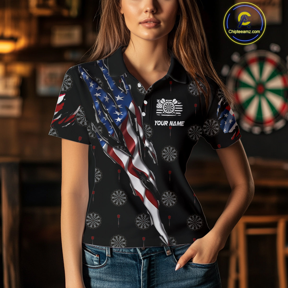 American Flag Scratch Darts Shirt For Women Custom Patriotic Dart Team Jersey Polo & 1/4 Zip TDM4031