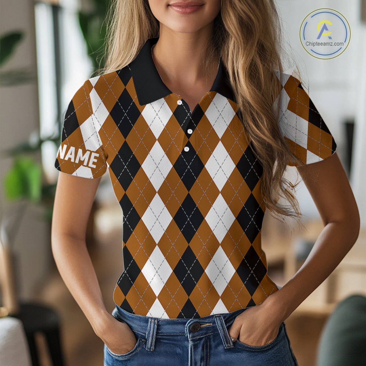 Women golf polo shirt custom brown argyle plaid pattern golf attire for ladies NQS9848