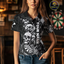 Load image into Gallery viewer, Black Grey Grunge Argyle Skull Dart Shirts Custom Women&#39;s Dart Jerseys Team Polo &amp; Quarter Zip TDM3836