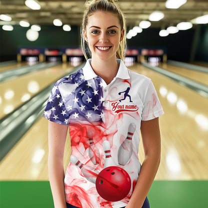 American Flag Smoke Bowling Shirt for Women Custom Polo & Quarter-Zip Team Bowling Jersey with Team HNT21