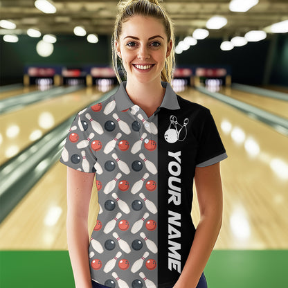 Dark Grey Bowling Pattern Custom Women Bowling Polo & Quarter-Zip Shirts Bowling Team Jerseys HNT45