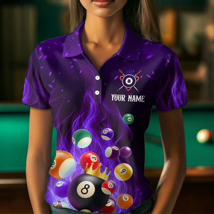 Purple Flaming Billiards Shirt 8 Ball Billiards Shirt Women Polo Shirts & 1/4 Zip NNT08