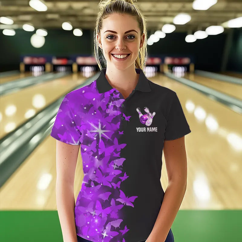 Purple Butterfly Bowling Polo Shirts For Men Women Custom Bowling Jersey Team BDT505