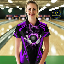 Load image into Gallery viewer, Black Women bowling Polo, 1/4 Zip shirt Custom lightning thunder team league bowling jersey | Purple NQS10375