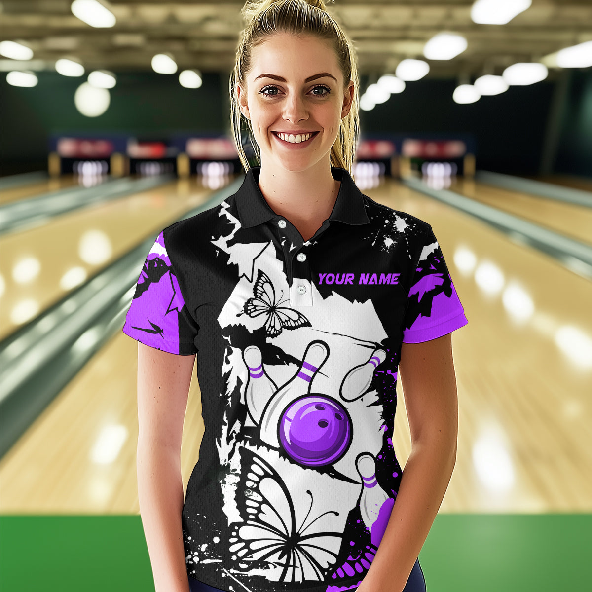 Custom Purple Butterflies Bowling Shirt for Men Women Team Bowling Polo&Quater Zip MBL76