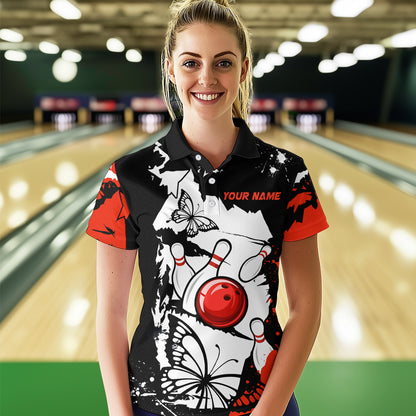Custom Red Butterflies Bowling Shirt for Men Women Team Bowling Polo&Quater Zip MBL76