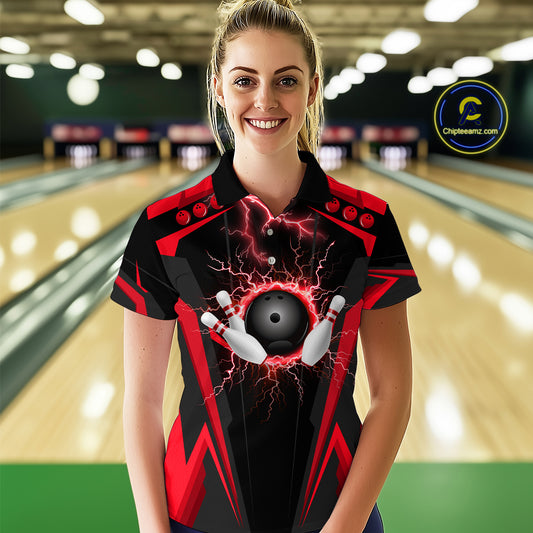 Black Women bowling Polo, Quarter Zip shirt Custom lightning thunder team league bowling jersey | Red NQS10373