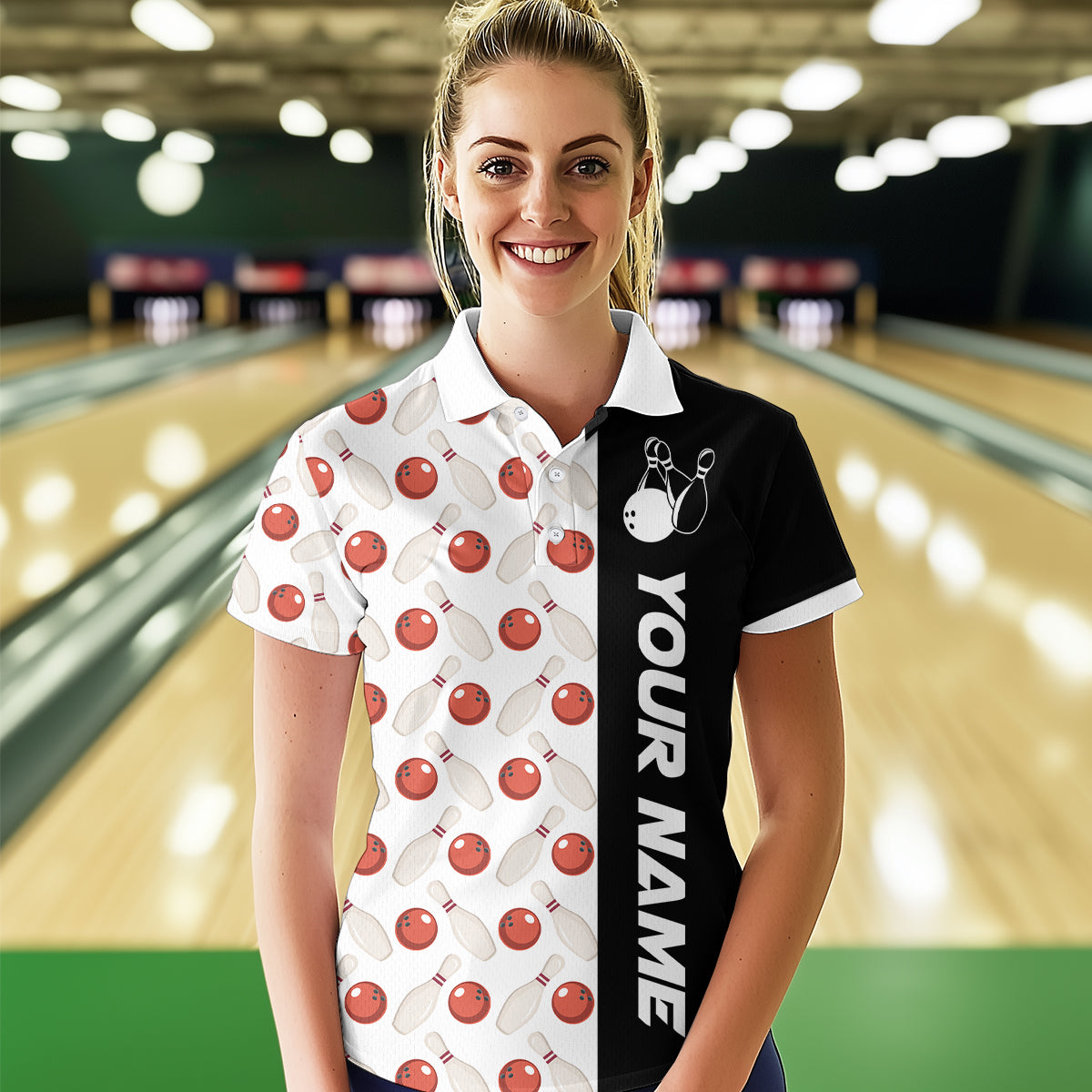 White Bowling Pattern Custom Women Bowling Polo & Quarter-Zip Shirts Bowling Team Jerseys HNT45