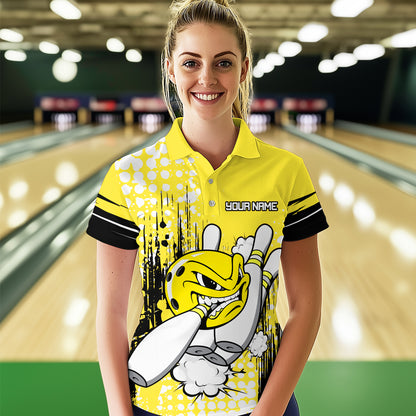 Personalized Yellow Funny Crazy Bowling Shirt for Women Polo & Quarter-Zip Bowling Jersey with Team HNT03