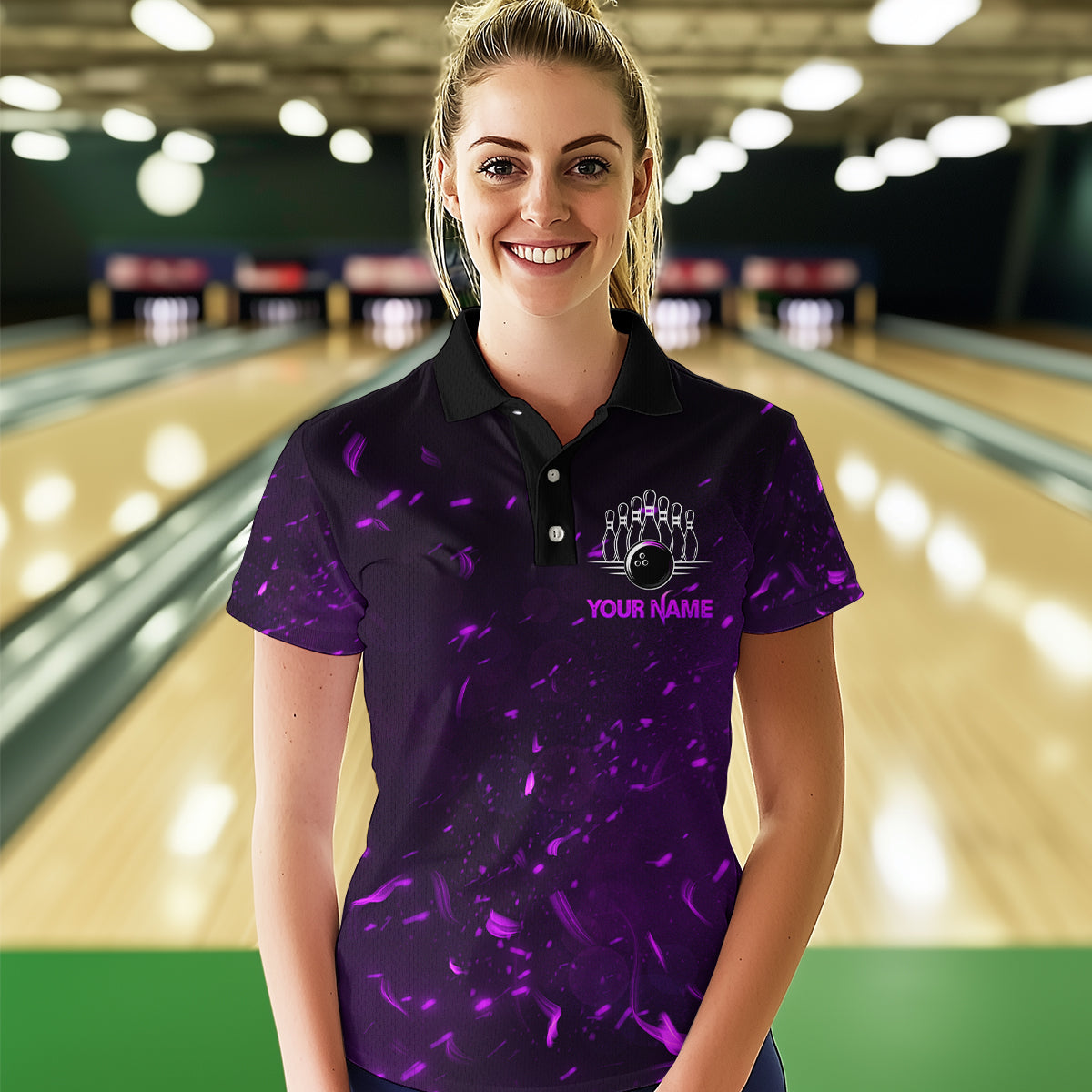 Personalized Purple Bowling Jersey Men Women Flame Bowling Polo Shirt Bowling Shirt BDT424