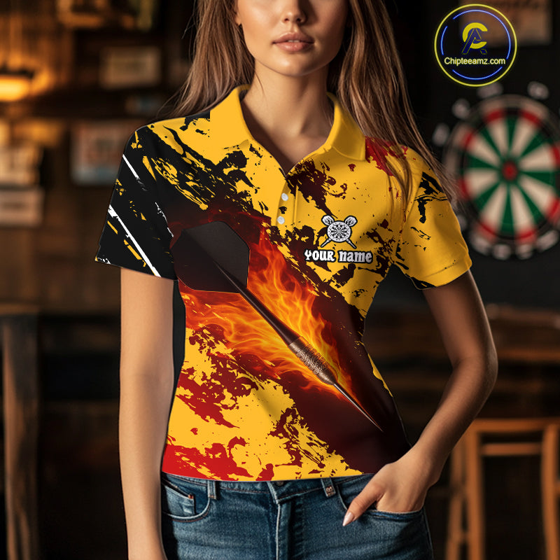 Women's Custom Darts Shirt With Flame Dart Arrows And Black-Yellow Grunge Pattern NYN0290