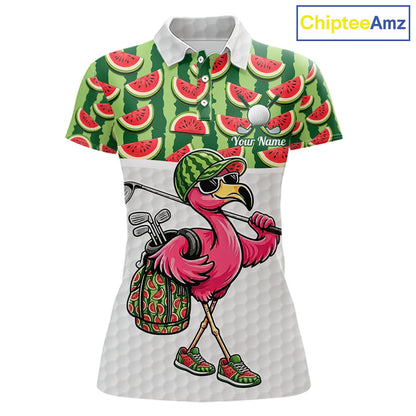 Golfing Flamingo Womens Funny Golf Polo Shirt Custom Green Pattern Watermelon Golf Ball Clothes Shirts NHT740