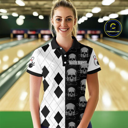 Black & White Bowling Shirt Custom Skull Polo Bowling Jersey Gift for Bowlers QZT693