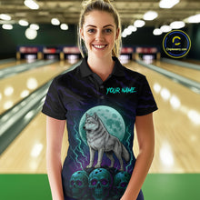 Load image into Gallery viewer, Teal And Purple Wolf &amp; Skull Bowling Team Shirt for Women Custom Bowling League Jersey Bowling Unisex QZT750