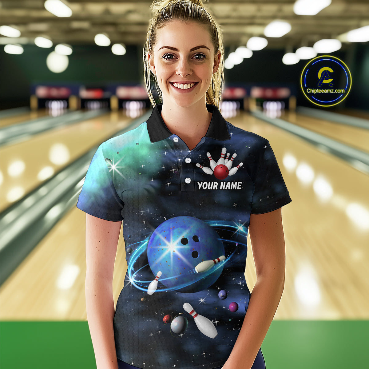 Blue Galaxy Bowling Shirts for Men Women Custom Team Bowling Polo and Quarter Zip MBL123