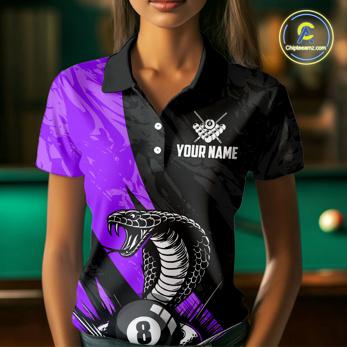Custom Purple Cobra Snake 8 Ball Pool Billiard Shirts for Women Team Polo & 1/4 Zip Shirts NNT57