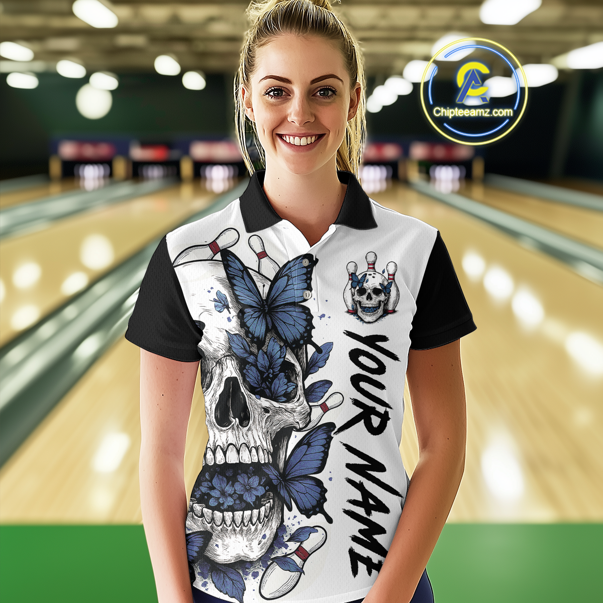 Blue Butterfly Skull Bowling Women Bowling Shirt Polo & Quarter-Zip Bowling Team Jerseys HNT80