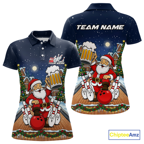 Custom Funny Beer Santa Christmas Bowling Jersey for Women Bowling Team Shirts Polo & 1/4 Zip HNT140