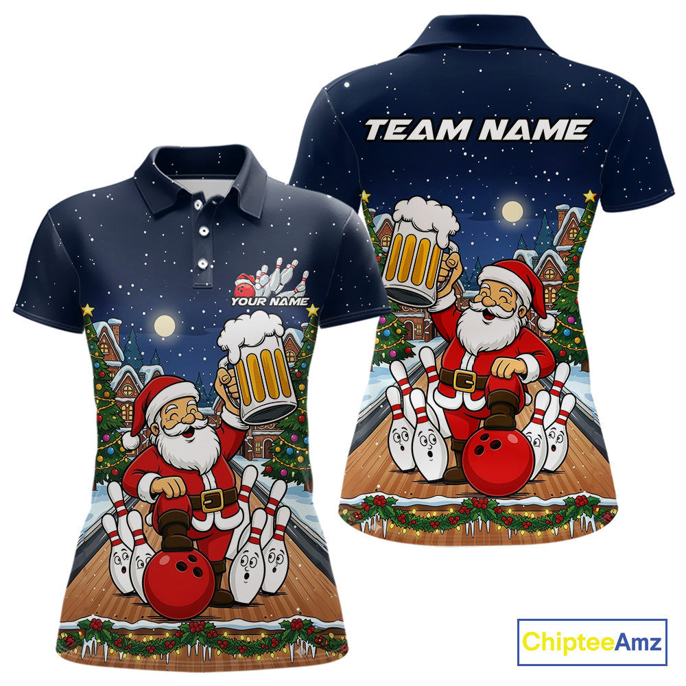 Custom Funny Beer Santa Christmas Bowling Jersey for Women Bowling Team Shirts Polo & 1/4 Zip HNT140