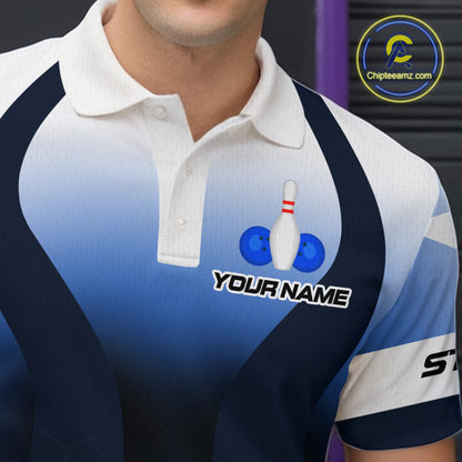 White and Blue Bowling Shirts for Men Women Team Custom Bowling Polo & Quarter Zip MBL105