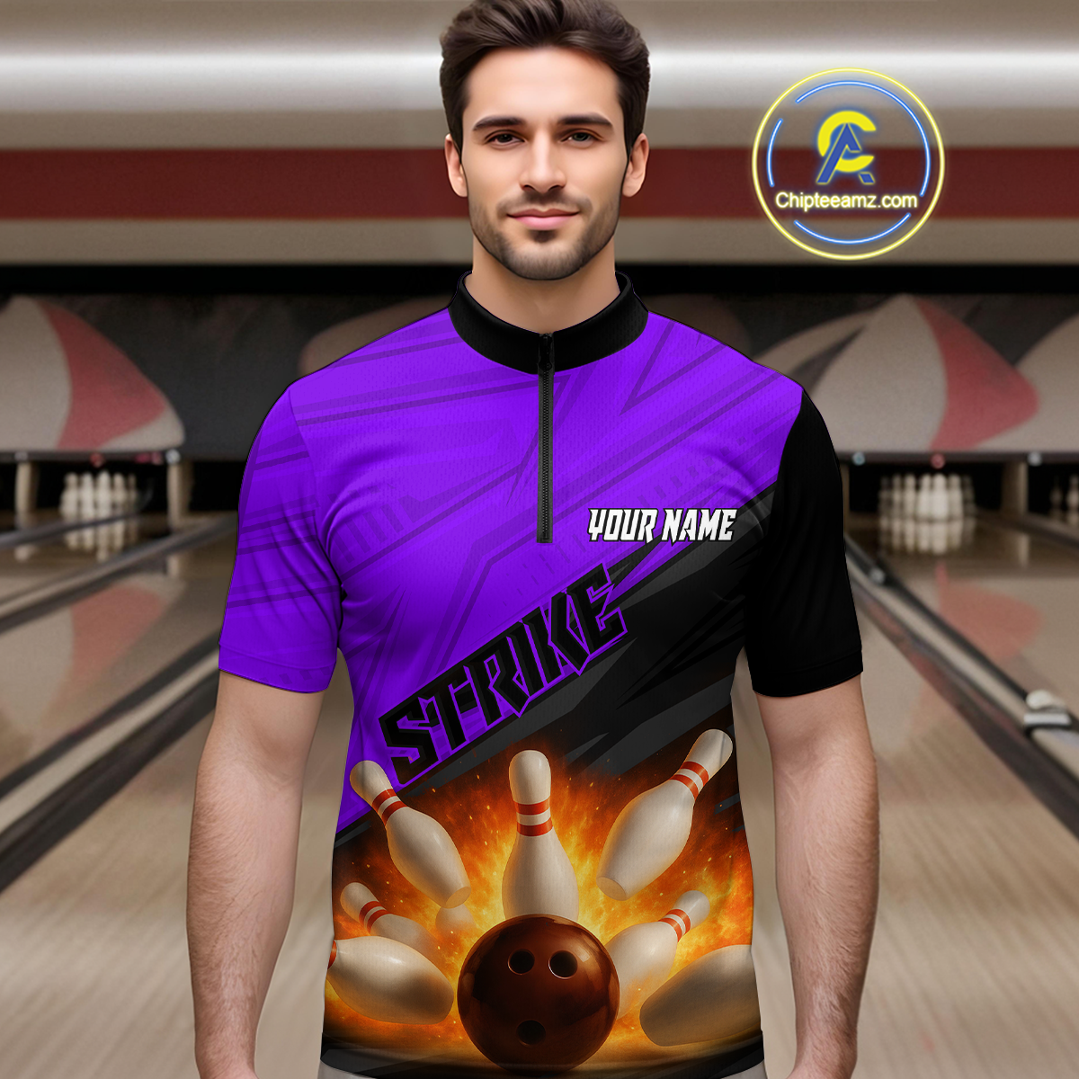 Custom Flaming Purple Bowling Shirts for Women Men Team Bowling Polo & Quarter Zip MBL99