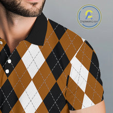 Load image into Gallery viewer, Mens golf polo shirt custom brown argyle plaid pattern golf attire for men NQS9848