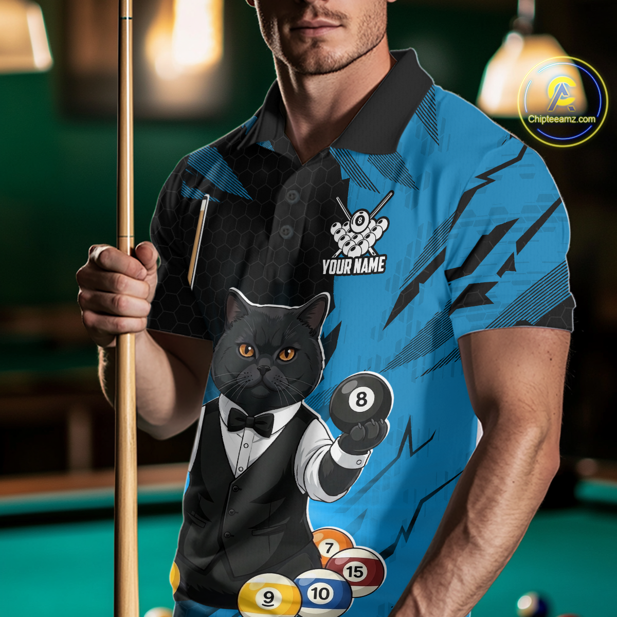 Custom Black Cat 8 Ball Pool Shirts Blue Billiard Shirt for Men Billiard Team Jersey Billiard Gift NNT181