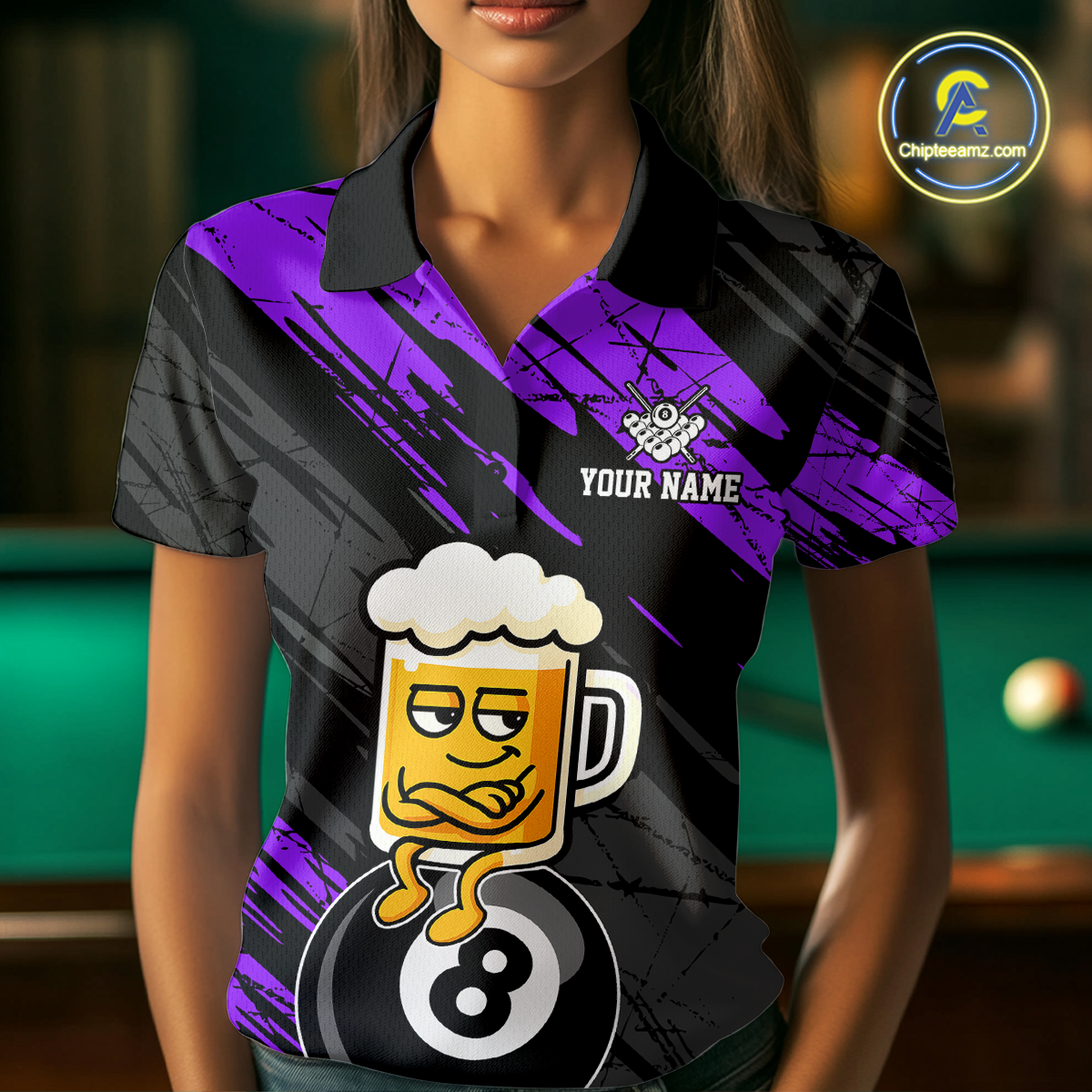 Custom Purple Funny Beer 8 Ball Billiard Shirts for Men Billiard Team Shirts Polo & 1/4 Zip NNT78