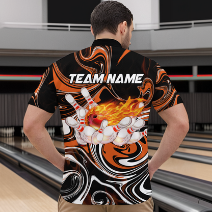 Custom Flame Bowling Shirt Orange Quarter Zip Bowling Shirt Unisex Bowling Outfits QZT602