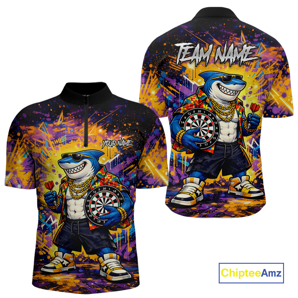Custom Funny Shark Dart Shirts for Men Darts Team Jerseys Dart Tournament Polo & 1/4 Zip NNT136