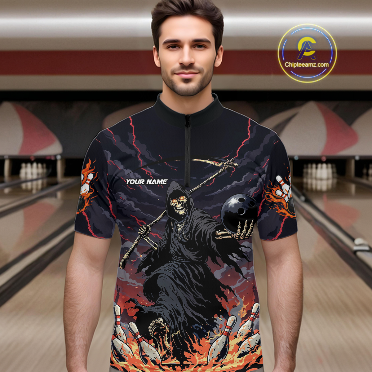 Custom Grim Reaper Flame Bowling Jersey for Men Bowling Team Shirts Polo & 1/4 Zip HNT193