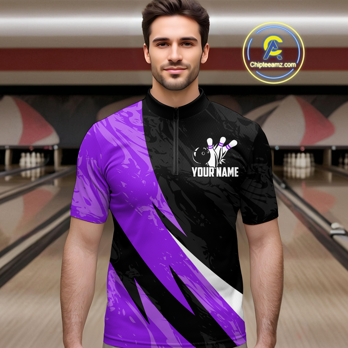 Custom Purple Bowling Custom Men Bowling Shirt Polo & Quarter-Zip Bowling Team Jerseys HNT75