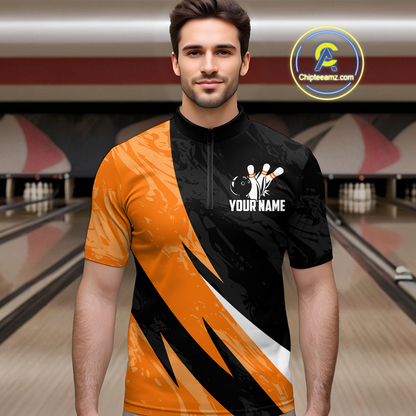 Custom Orange Bowling Custom Men Bowling Shirt Polo & Quarter-Zip Bowling Team Jerseys HNT75