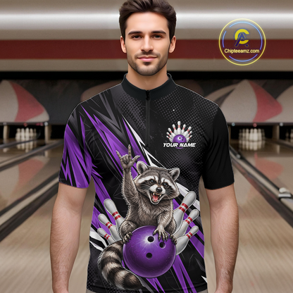 Custom Purple Raccoon Bowling Jersey for Men Bowling Team Shirts Bowling Polo & 1/4 Zip HNT254